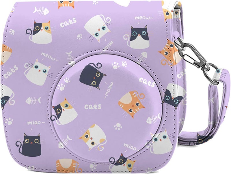 Phetium Instant mini 12 Camera Protective Case Compatible with Instax Mini 12 11,PU Leather Bag with Pocket and Adjustable Shoulder Strap (Purple Cat) - Image 1
